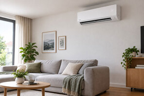 Die Klimaanlage an der Wand unterstreicht das komfortable, eingerichtete Wohnzimmer.